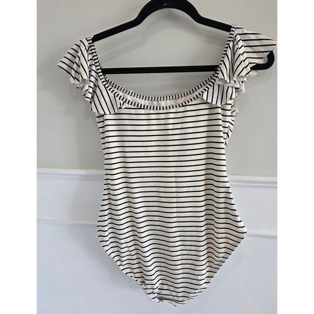 Vince Camuto Swim Black White Striped Ruffle‎ Off Shoulder One Piece Size 10